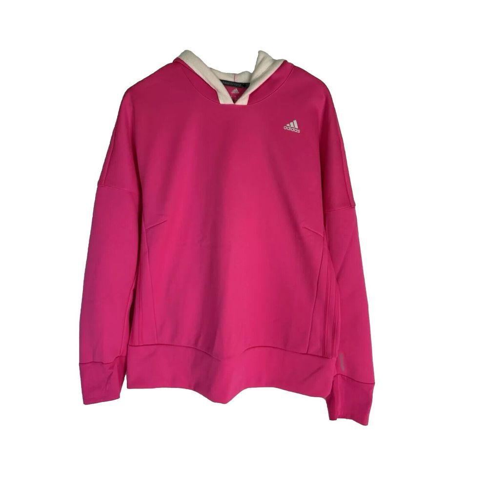 Adidas Womens Hoodie Pink White Pullover Long Sleeve Thumb Holes Sweatshirt‎ XL